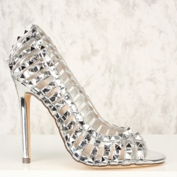 Silver Studded Women's Strappy Cut Out High Heels - Picture 1 of 2